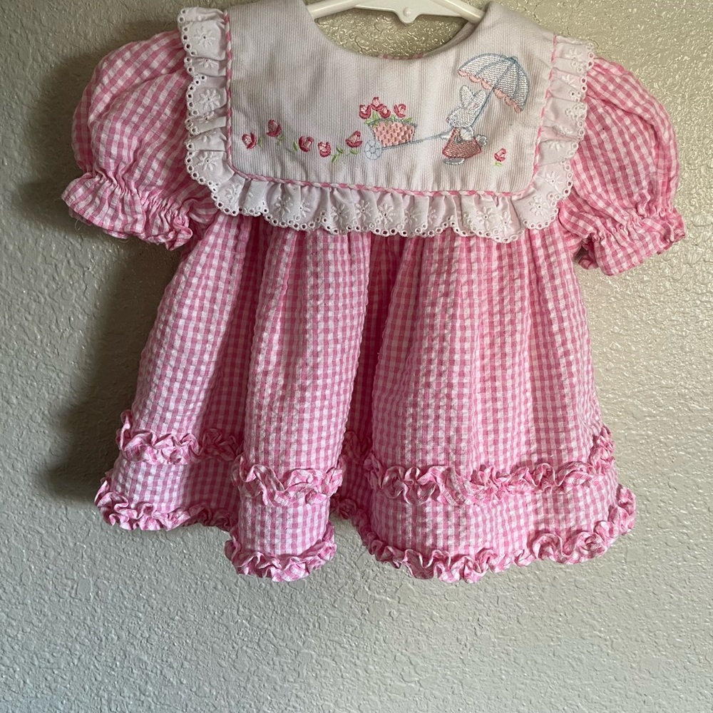 VINTAGE Pink Gingham Easter Baby Dress